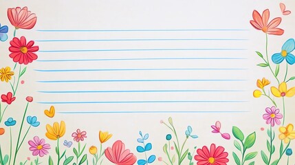 kids lined stationery pages paper with a pretty floral border, blank paper, illustrated