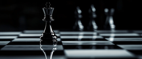 Leinwandbilder - Close-up of black chess king on board, other pieces blurred background, showcasing leadership, strategy, and power concept