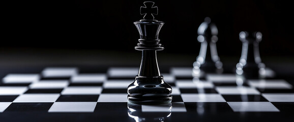 Poster - Black chess king on board, other pieces blurred in background, showcasing strategy, leadership, and competition