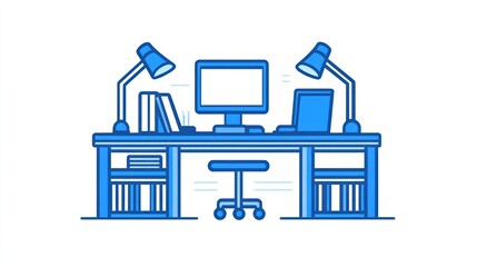 Poster - Simple desk illustration with computer, lamps, and books.  Office workspace graphic