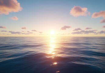Poster - Serene Sunset Over Calm Ocean Waters with Gentle Waves Under Colorful Clouds and Soft Light Reflections in a Tranquil Evening Atmosphere