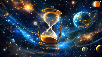 Wall Mural - a cosmic illustration showing an hourglass floating in space, with planets, stars, and galaxies swir