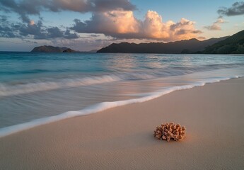Poster - Serene Sunset Over Calm Ocean with Coral and Gentle Waves at Tranquil Beach
