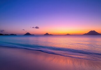 Poster - Serene Sunset Over Calm Ocean with Silhouetted Mountains and Gentle Waves Along Tranquil Beachscape in Vibrant Purple and Orange Skies