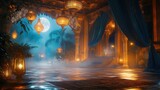 ethereal dreamy Arabian gold castle bathroom has big pool and ornate lantern chandelier