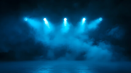 Wall Mural - Illuminated stage with scenic lights and smoke. blue spotlight with smoke volume light effect on black background. stadium cloudiness projector, generative ai. Light - Lantern. Illustration