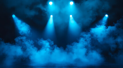 Wall Mural - Illuminated stage with scenic lights and smoke. blue spotlight with smoke volume light effect on black background. stadium cloudiness projector, generative ai. Light - Lantern. Illustration