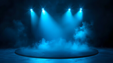 Wall Mural - Illuminated stage with scenic lights and smoke. blue spotlight with smoke volume light effect on black background. stadium cloudiness projector, generative ai. Light - Lantern. Illustration