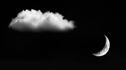 Wall Mural -   Black-and-white picture of a half moon amidst clouds in the sky