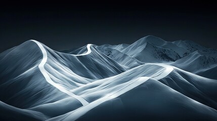 Wall Mural - black and white mountain range with white lines in the foreground and dark sky in the background