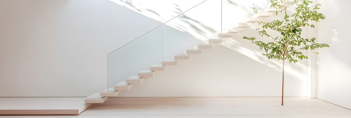 Aufkleber - Minimalist staircase with glass railing and a small tree, showcasing natural light and architectural design in a modern, bright interior space.