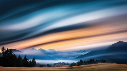 Wall Mural - a landscape painting featuring majestic mountains in the backdrop, billowy clouds upfront, and lush 