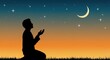© Thecreator T - A silhouette of a Muslim person kneeling on the ground with his hands raised a common posture during Ramadan dua a spiritual scene against night sky crescent moon is displayed with several stars