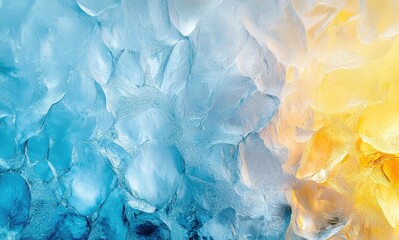 Poster - Stunning Abstract Ice Texture in Blue and Yellow Hues with Unique Frost Patterns on a Smooth Surface for Creative Backgrounds and Designs