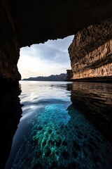 Wall Mural - Stunning coastal cave with crystal blue water and rocky archway at sunset