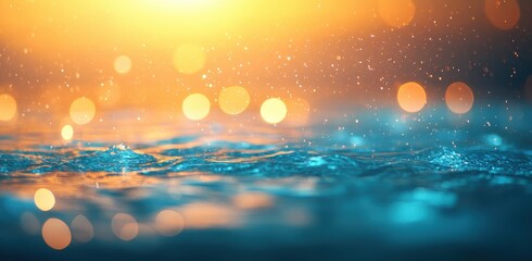 Poster - Stunning close-up of water droplets on a surface reflecting warm sunlight hues and vibrant colors during a serene atmosphere at sunset or sunrise