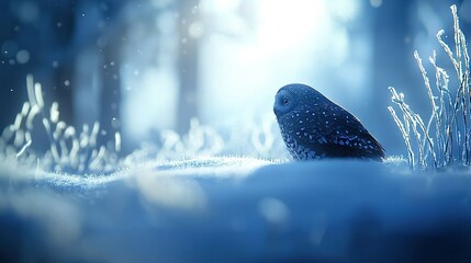 Wall Mural - blue bird perched atop snow-covered forest floor amidst tall blades of grass
