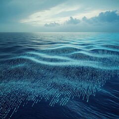 Aufkleber - Surreal Digital Ocean Waves with Binary Code and Overcast Sky Representing Technology and Nature's Harmony in a Creative Conceptual Art Style