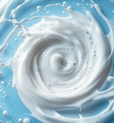 Poster - Swirling White Creamy Liquid on Blue Background with Dynamic Movement, Captivating Textures and Patterns for Culinary, Artistic and Digital Use
