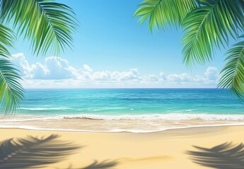 Poster - Tranquil Beach Scene with Lush Palm Fronds and Gentle Waves under a Clear Blue Sky Perfect for Travel and Nature Themes in Stock Photo Collections