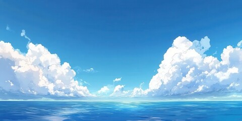 Poster - Tranquil Blue Ocean Scenery with Soft Clouds Under a Clear Sky Capturing the Beauty of Nature in a Serene Landscape with Vast Horizons