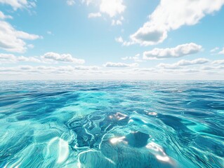 Poster - Tranquil Blue Ocean Surface Under Bright Sunny Sky with Fluffy Clouds and Gentle Waves Reflecting Light on Clear Water