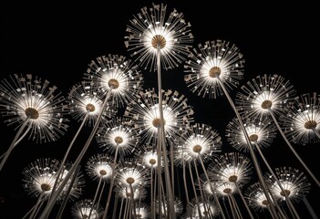 Poster - Illuminated Dandelion Sculptures. Against A Deep Black Backdrop. Glow, Light Elements, Installation Creates Dreamlike Atmosphere. Modern Design, Art, Nature, Contemplation, And Admiration.