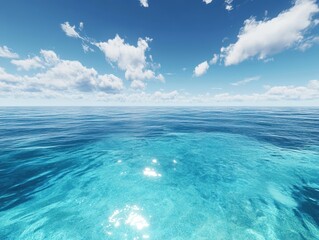 Poster - Tranquil Blue Ocean View with Serene Sky and Fluffy Clouds Over Calm Waters, Evoking Peace and Relaxation in a Natural Paradise Setting