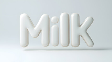 Poster - Milk typography. White puffy letters of the word milk on clean white background, creating a visually appealing and minimalist composition. Modern style.