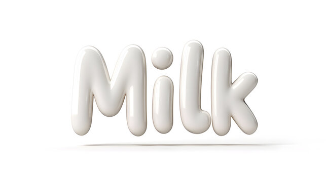A stylized 3D rendering of the word 'Milk' in glossy white letters, set against a pristine white background, offers a visually appealing, simple graphic.