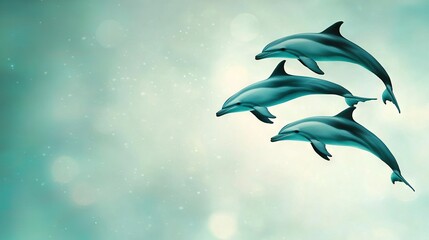 Wall Mural - three dolphins swimming in an ocean of blue and green with a blurred sky in the foreground