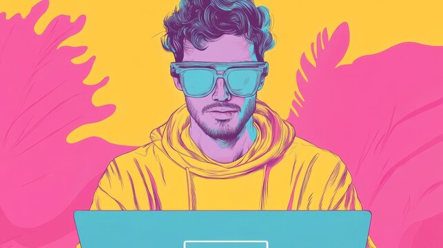 Retro Style Man in Hoodie with Laptop, Graphics , Design