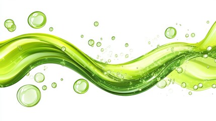 Poster - Green Wave with Bubbles on White Background,freshness ,fluid
