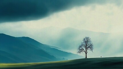 Wall Mural - a solitary tree towers amidst a sea of green grass, framed by majestic mountains and shrouded by omi
