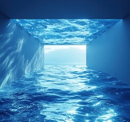 Poster - Tranquil water flowing through a modern architectural structure with illuminated walls creating a serene atmosphere of peace and calmness in a vast space