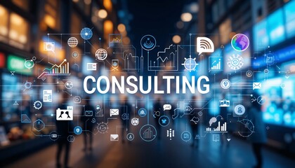 Fototapete - Consulting Solutions In A Dynamic Urban Setting...professional Guidance, Tech Integration. Data Analysis And Strategy For Business Growth. Modern Assistance For A Brighter Future, Explore
