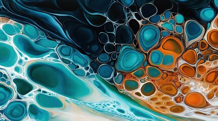 Wall Mural - an abstract painting featuring blue, orange, and green hues on a white canvas with contrasting black