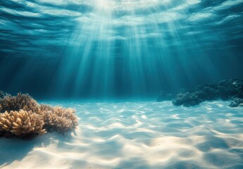 Poster - Underwater Scene with Soft Sand, Coral Reefs, and Sunlight Filtering Through Calm Ocean Water