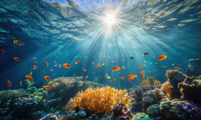 Poster - Underwater Scene with Sunlight Rays, Colorful Fish, Vibrant Corals and Clear Blue Ocean Water in a Tropical Marine Environment