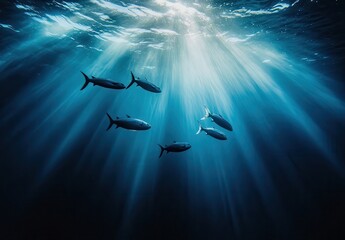 Poster - Underwater Scene with Swimming Fish Lighting from Above in Deep Blue Ocean Water Surrounded by Natural Sunlight Rays
