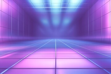 Poster - Abstract Purple and Blue Neon Room Digital Art Background Modern Futuristic Design Grid Pattern Vibrant Colors Elegant Geometric Tiles Shiny Surface  