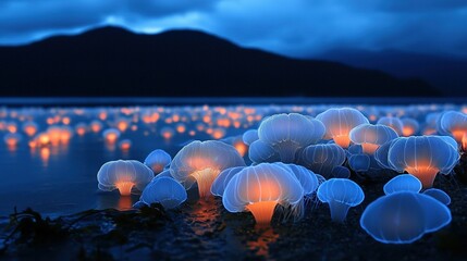 Wall Mural - a cluster of jellyfish floating atop a tranquil water surface beneath a sky adorned with numerous il