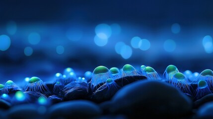 Wall Mural - blue and green jellyfish in a dark blue sea with lit background