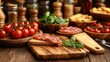 © AGUNG - Wooden Cutting Boards with Italian Salami, Cherry Tomatoes, and Herbs on Dark Wood