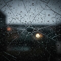 A Cracked Window with Raindrops
