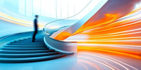 Aufkleber - A man stands on a modern staircase with flowing lights around him. The image conveys a sense of movement and innovation. It is suitable for concepts of progress and technology. AI