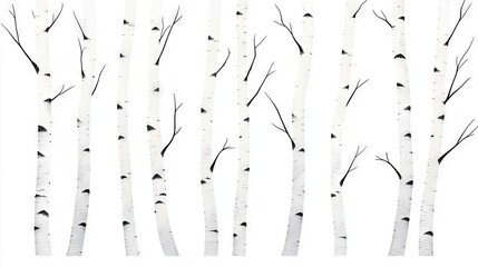 Wall Mural -   Group of trees with birds on branches against white backdrop