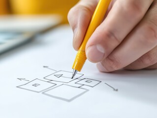 Poster - Hand Drawing Business Flowchart on Paper in Chaotic Work Environment with Yellow Pen