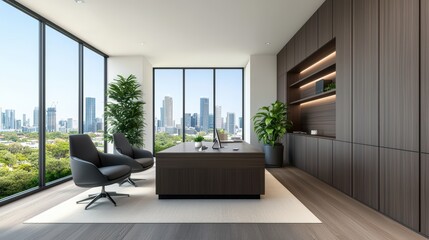 Poster - Modern Luxury Office Interior with City Skyline View and Greenery in Urban Setting