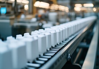 Poster - White cardboard packaging moving on a conveyor belt in a food processing facility with blurred background of industrial machinery